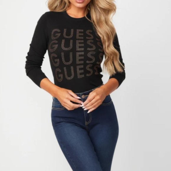 Guess Sweaters - GUESS Rhinestone Logo Crewneck Knit Sweate…